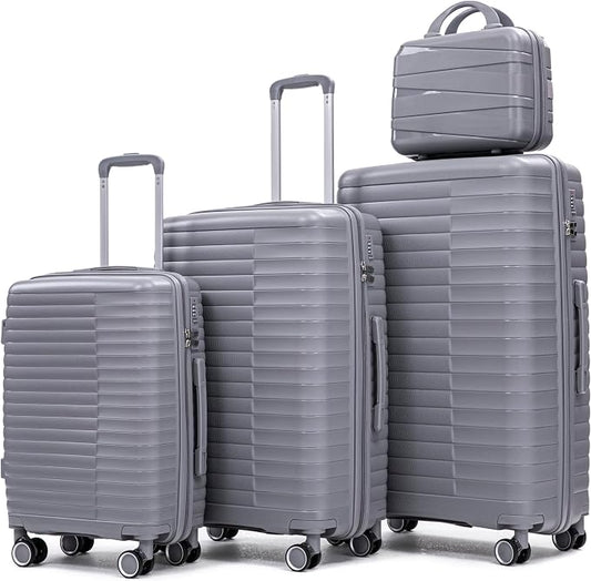 Merax Luggage Sets 4 Piece with Cosmetic Case Lock, Hardside Carry On Suitcase with Zippers Lightweight Rolling Travel Luggage Sets with Spinner Wheels,Light Gray1 by Merax