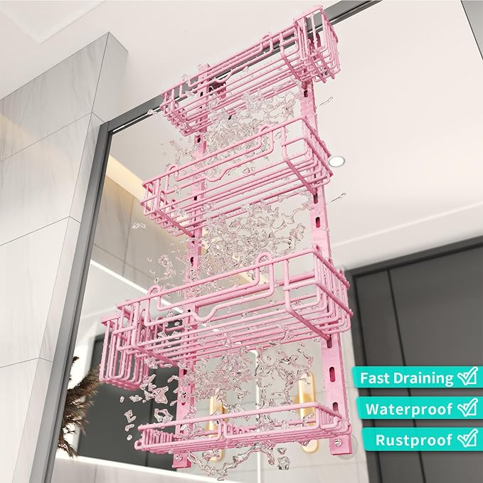 HapiRm Hanging Shower Caddy Organizer - Shower Shelf with 22 Hooks and 2 Toothbrush Holders, No Drilling Adjustable Hanging Bathroom Organizer - Pink - Image 6