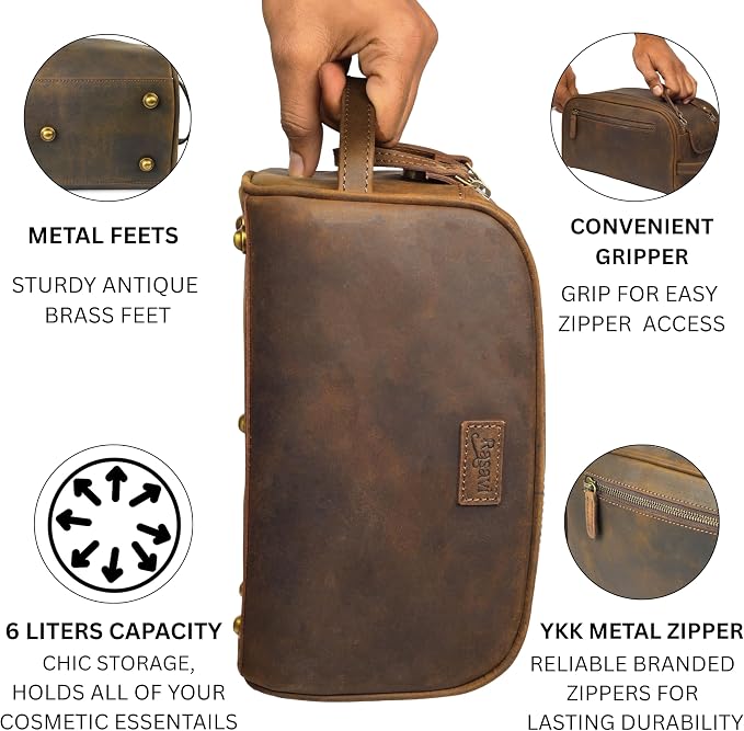 Rasavi Genuine Leather Travel Toiletry Bag, Handcrafted Vintage Water-Resistance Dopp Kit, Large Shaving & Bathroom Organizer - Gift for Men & Women - Rustic Town - Image 3