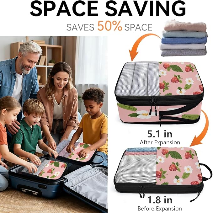 Floral Strawberry 6 Set Compression Packing Cubes for Travel Luggage Carry On Suitcase Compressible Expandable Packing Cubes Organizers Bag - Image 6