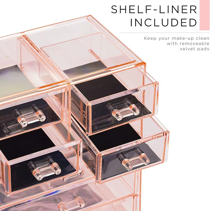 Sorbus Acrylic Makeup Organizer Set, 7-Drawer Vanity & Countertop Cosmetic Storage with Small & Wide Compartments, Pink Makeup Storage for Brushes, Jewelry – Holiday Gift for Women & Teens - Image 6