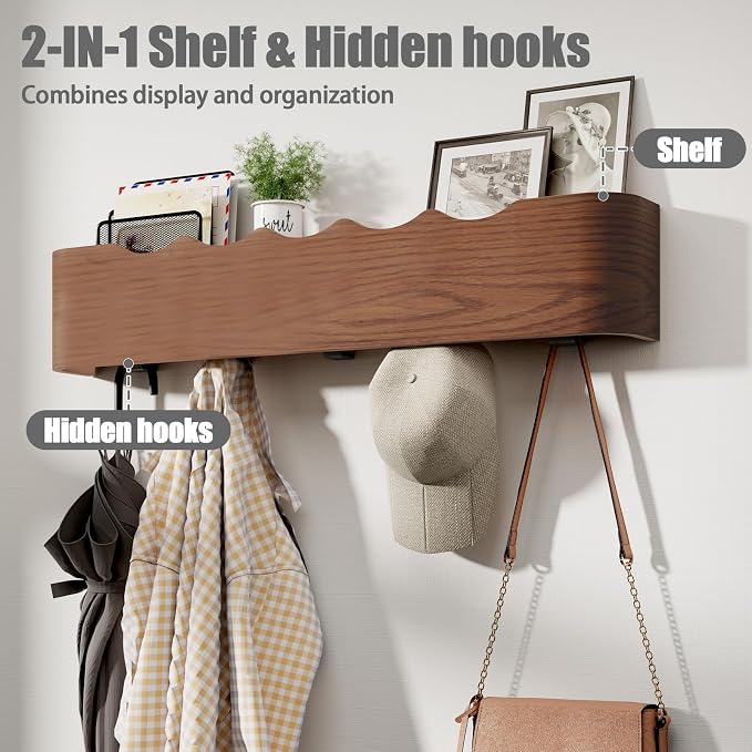 Coat Rack Wall Mount with Shelf 4 Hidden Hooks Modern Wooden Key Holder Entryway Organizer for Hallway Bedroom Bathroom Home Decor Storage for Hanging Coats Hats Bags Towels, Wave-Shape Walnut - Image 2