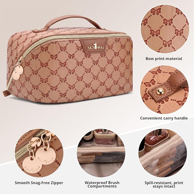 Travel Makeup Bags for Women: 3 Pcs Set Luxury Bow Print Make up Bag - Large Capacity Cute Cosmetic Case - 3–15 Day Travel Toiletry Organizer Bag, Comes with An Gift Box(Cocoa Brown) - Image 3