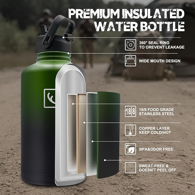 NATURE PIONEOR 64 oz Tactical Water Bottle with MOLLE Bottle Pouch & 3 Lids | 18/8 Food-grade Stainless Steel, Double Vacuum Insulation, 3 Leak-proof Lids, Handle, Strap, Camping, Hiking, Gym, Work - Image 3