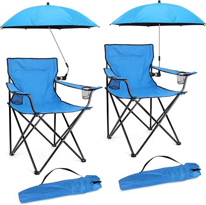 HaSteeL 2PCS Camping Chairs with Detachable Umbrella, Folding Beach Chair for Adults, Large Portable Foldable Chair for Outdoors Fishing Hiking Travel Picnic Lawn, Supports 275lbs, Storage Bags, Blue by HaSteeL