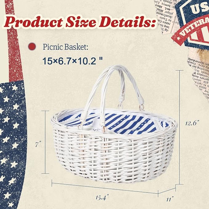 Wicker Picnic Basket with Insulated Lined Bag 15“ x 11” x 7“ Blue, White Star Stripe Pattern, Iced Beer Insulated Bag for Camping, Picnics, Birthday Gifts, Wedding Gifts - Image 2