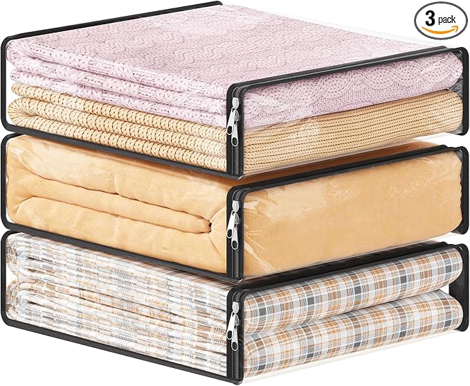 Lifewit 14L Clear Sheet Storage Bags with Zipper 3 Pack, Plastic Sweater Storage Bins for Clothing, Vinyl Foldable Clothes Containers Organizers for Closet, Blankets, Bedding 15.7 x 13.8 x 3.9 Inch by Lifewit