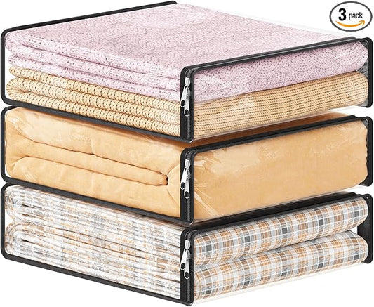 Lifewit 14L Clear Sheet Storage Bags with Zipper 3 Pack, Plastic Sweater Storage Bins for Clothing, Vinyl Foldable Clothes Containers Organizers for Closet, Blankets, Bedding 15.7 x 13.8 x 3.9 Inch by Lifewit