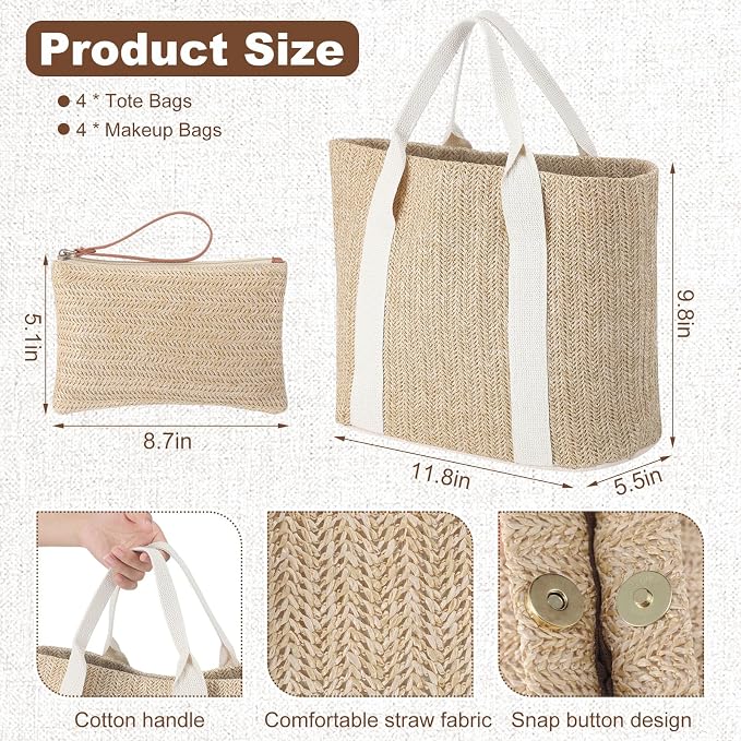 8 Set Beach Bags with Reusable Makeup Pouch Straw Gift Bag with Handle for Women Bridesmaid Bridal Wedding Gifts - Image 3