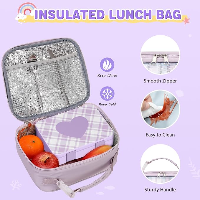 ACESAK Girls Backpack - Bento Box with Insulated Lunch Bag Pencil Case & Utensils Set for Kids, 6 Leakproof Compartments Removable Tray Lunches or Snack Container for School (Purple) - Image 6