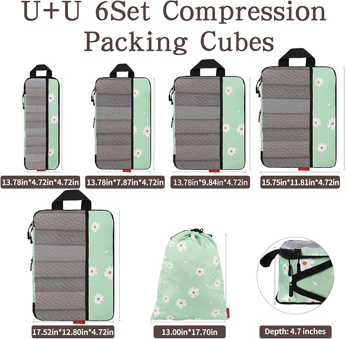 U+U 6 Set Compression Packing Cubes - Ultralight Travel Organizers with Laundry Bag, Space-Saving Suitcase Organizer, Expandable Packing Cubes for Travel, Business Trip and Family Vacation (Daisy) - Image 3