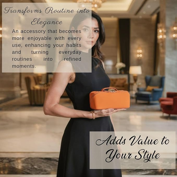 VENOULT Makeup Bag, Spacious Cosmetic Case for Women, Portable 180° Wide-Open Flat Cosmetic Bag, Travel Toiletry Organizer with Handle, Hanmdade, Full Grain Genuine Turkish Leather (Mango) - Image 9