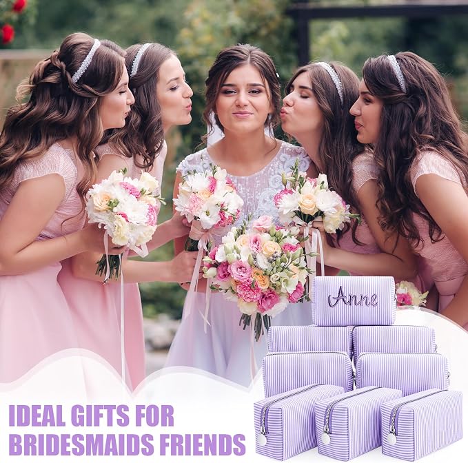 Giesiery 8 Pcs Seersucker Makeup Bags Striped Cosmetic Bags Bulk Organizer for Women Preppy Travel Toiletry Pouch for Wedding Bridesmaid Gifts (Purple, Medium) - Image 5