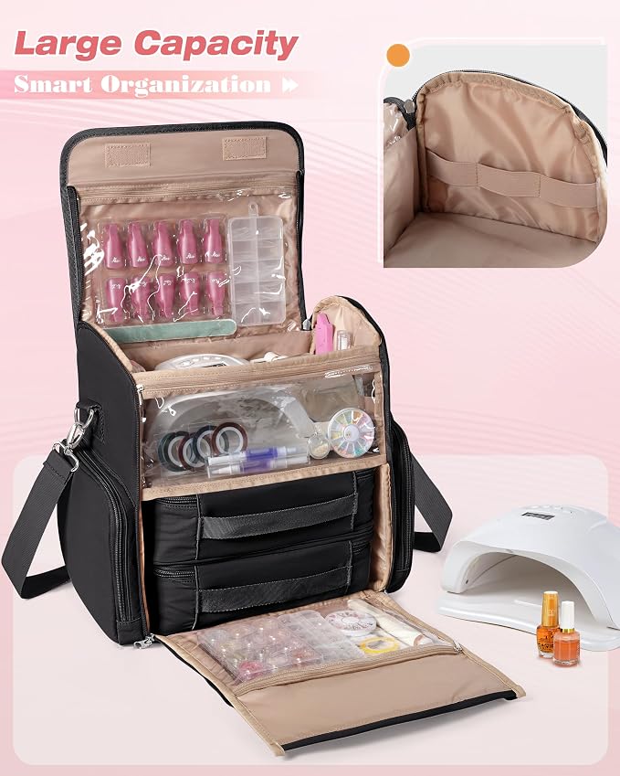Marscamd Nail Polish Organizer Bag Holds 70 Bottles and Nail Lamp, Nail Polish Storage Case with 2 Removable Bags and Multiple Pockets, Black - Image 2
