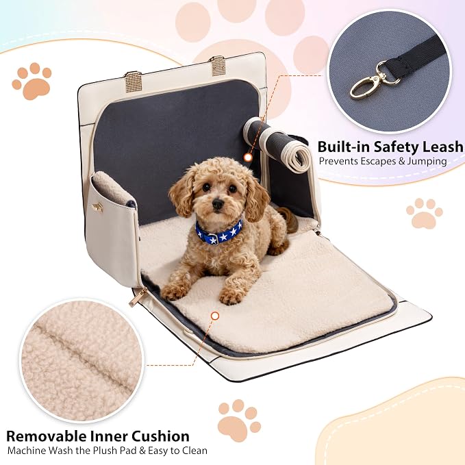 Dog Purse Carrier for Small Dogs, Stylish Foldable Pet Carrier Purse Tote Bag with Washable Cushion & Safety Leash, Airline Approved Puppy Travel Bag with Pockets (White) - Image 4