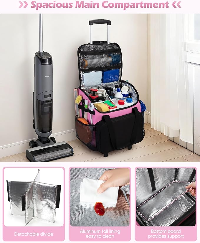 Marscamd Large Rolling Cleaning Caddy Bag with Detachable Trolley, Cleaning Supplies Organizer with Wheels for Housekeepers, Pink - Image 4