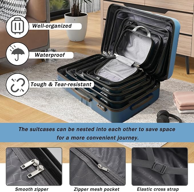 Inky Blue 6 Piece Luggage Set Hard Shell - Traveling Suitcases with Spinner Wheels and Small Cases for Family Travel, Durable Carry On Luggage Sets with Lock for Women and Men - Image 4