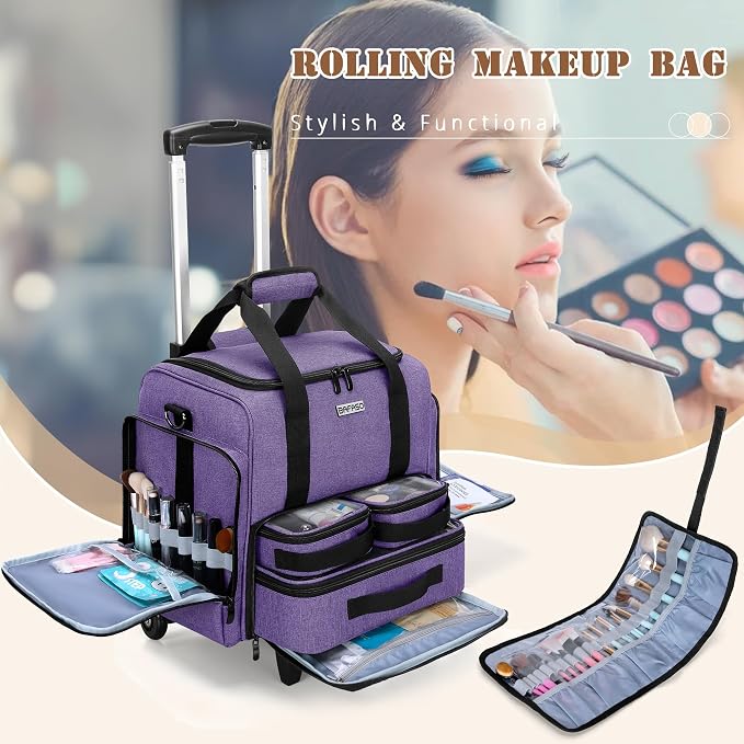 BAFASO Rolling Makeup Case with 3 Removable Pouches, Purple | with 1 Makeup Brush Bag, Professional Makeup Train Case Cosmetic Bag with Detachable Dolly (Patented). - Image 7