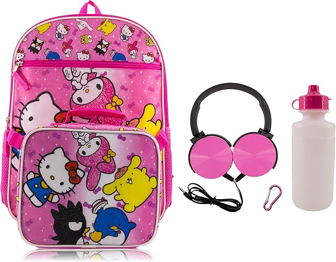 Sanrio Hello Kitty Backpack With Lunch Box for Kids | Insulated Lunch Bag Lunch Box for Girls, Boys, Toddlers | Backpack for School and Reusable Lunchbox with Matching Headphones and Water Bottle by FASTFORWARD