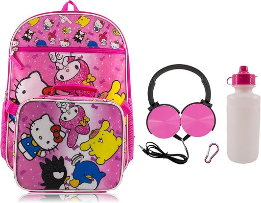 Sanrio Hello Kitty Backpack With Lunch Box for Kids | Insulated Lunch Bag Lunch Box for Girls, Boys, Toddlers | Backpack for School and Reusable Lunchbox with Matching Headphones and Water Bottle by FASTFORWARD