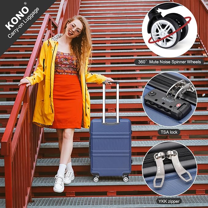 Kono Luggage Set 4 Piece Carry On Hardside Luggage with Spinner Wheels | Lightweight PC+ABS Carry On Suitcase with TSA Lock Navy - Image 4