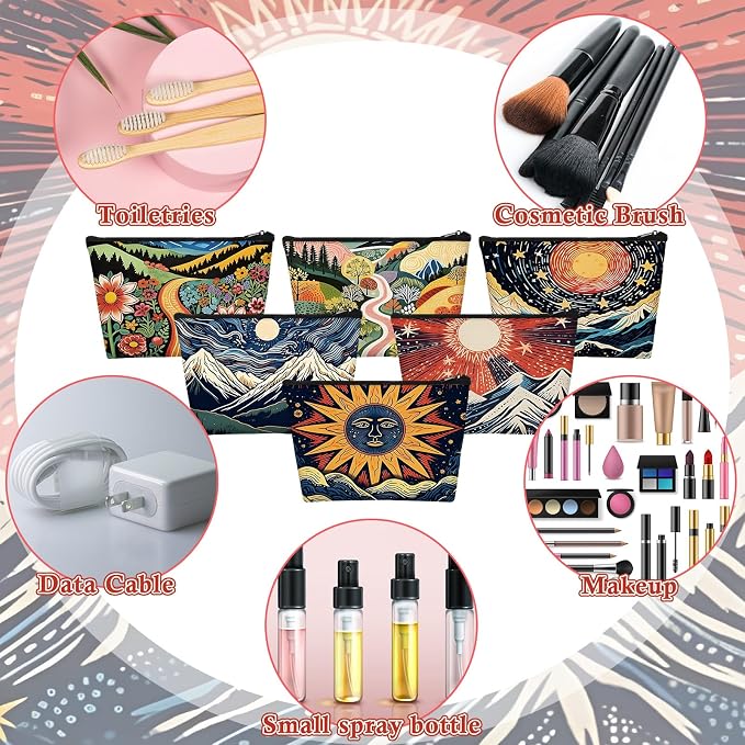 Sweetude 12 Pcs Abstract Art Landscape Makeup Bag Bulk Abstract Art Gifts Portable Travel Cosmetic Bags with Zipper Mountain Waterproof Roomy Travel Toiletry Organizer Storage Beauty Pouch for Women - Image 4