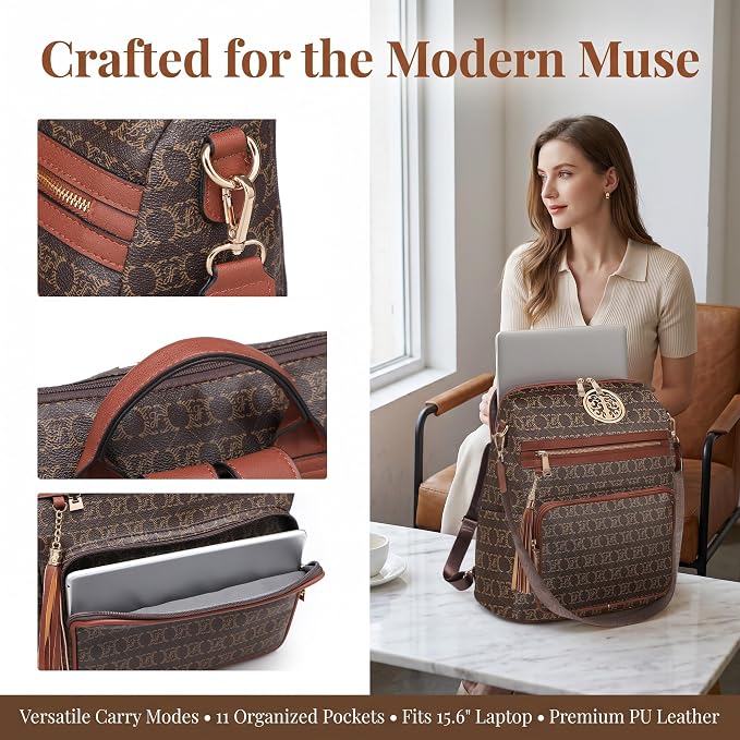 JULIE FERRARO Women Convertible Backpack Purse, Large PU Leather Travel Backpack with Multi Pockets, Shoulder Handbag Set with Wristlet for Work, Travel & Daily Use - Image 3