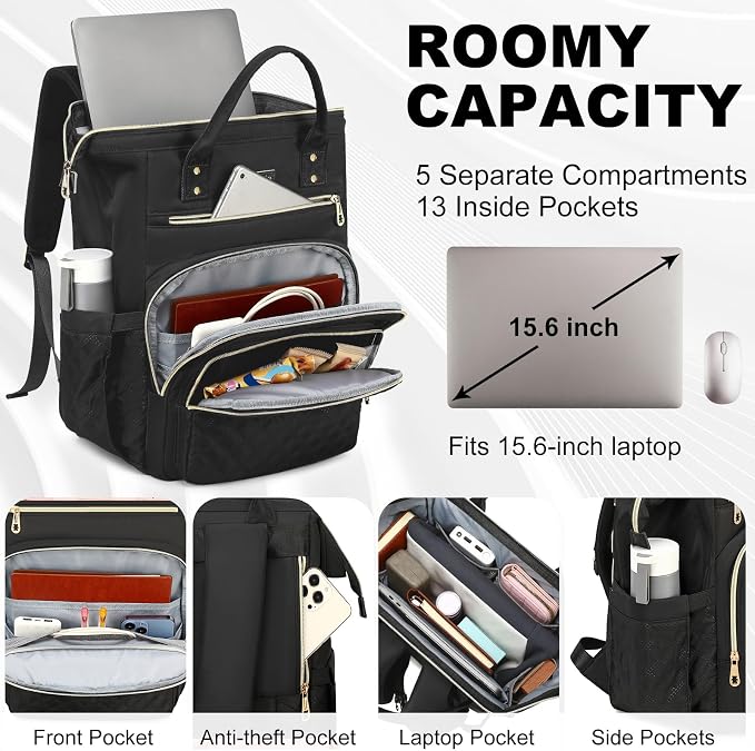 AIJIEKE Lunch Backpack for Women, 15.6 Laptop Backpack, Lunch Box, Black | Water resistant computer bag with insulated leakproof cooler. Travel meal prep backpack for nurse, teacher, college commute - Image 2