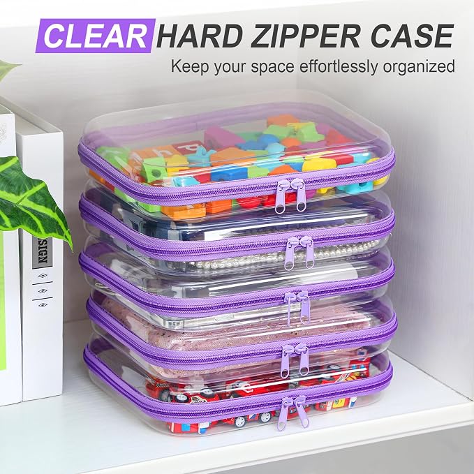 Sanwuta 6 Pcs Clear Hard Zipper Case Plastic Zipper Pouches Transparent Makeup Bag Pencil Case Pouches Toiletry Diaper Bag for Travel Toy Storage Organizer Bins(Purple,9.84 x 7.87 x 2 Inch) - Image 5