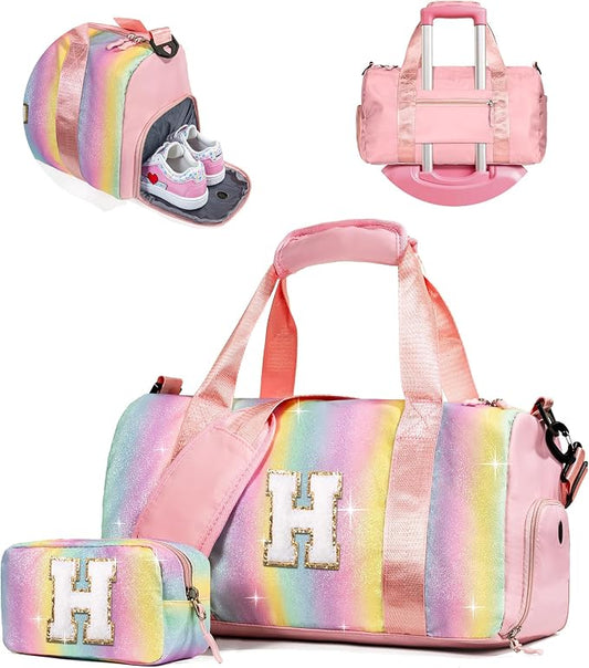 Gifts for Daughter-Girl Gym Bag with Shoe Compartment, Kid Personalized Weekender Overnight Bags, Initial Travel Tote with Makeup Pouch, Gift for Granddaughter Sister Niece (Letter H) by Vogewood