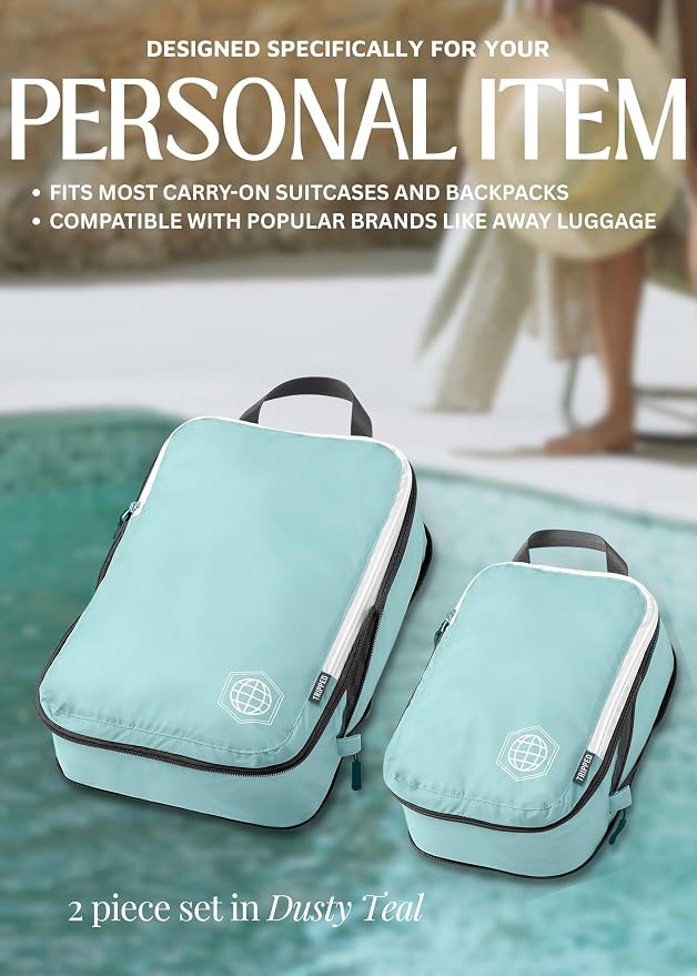 Compression Packing Cubes for Travel, 2-Piece Lightweight Packing Cubes Set for Carry-On Luggage & Backpacks – TRIPPED Travel Gear (Dusty Teal/White) - Image 2