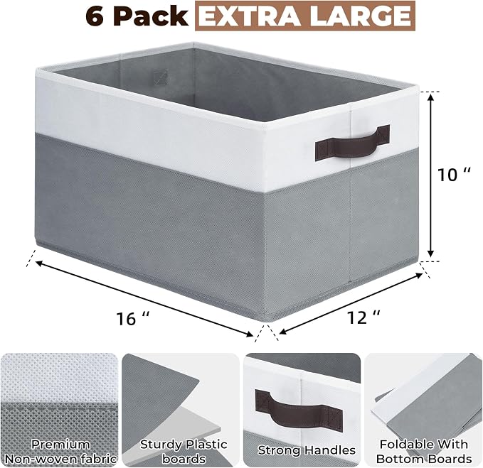 Criusia 6 Pack Clothes Bins for Organization - 16x12 Extra Large Storage Baskets for Shelves Closet Bedroom - Toy Storage Organizer Bins Boxes Cubes for Nursery - RV Apartment Essentials - Image 2