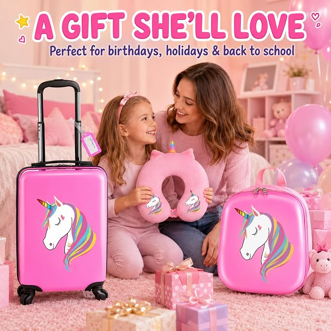Sanwuta 4 Pcs Kids Luggage Set Back to School Gifts for Girls Boys Carry On Rolling Suitcase Backpack Neck Pillow Travel Set(17 Inch,Unicorn Style,Pink) - Image 8