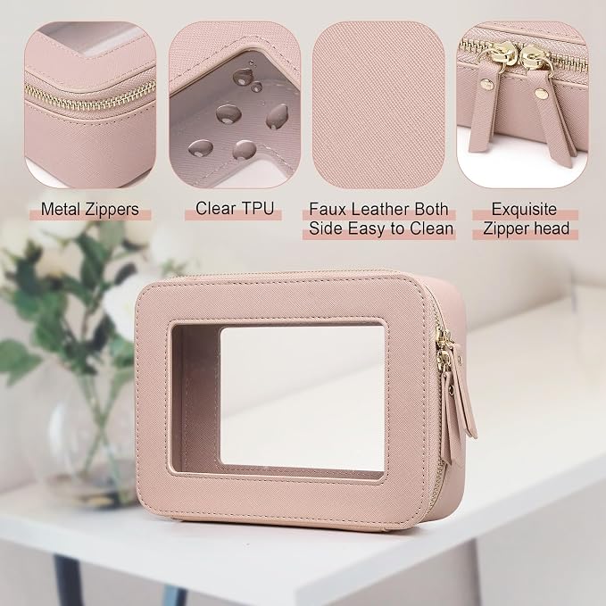 Pinkmik Clear Makeup Bag for Women Waterproof Travel Cosmetics and Toiletries Case Portable Makeup Oaganizer Bag Clear Car Bag with Zipper (Pink, M) - Image 5