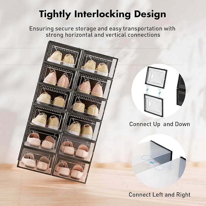 Foluck 15 Pack Shoe Storage Organizer Box Container Clear Plastic Stackable | Interlocking Design, Sturdy Dustproof Breathable, Fits Men's Size 9 Women's Size 10, for Closet Entryway Under Bed - Image 3