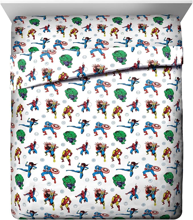 Jay Franco Kids Sheet Set with Fitted, Flat Sheets & Pillow Cover - Ultra-Soft Bedding with Pillowcase for Room Decor, White - Avengers, 4 Piece Queen by JayFranco