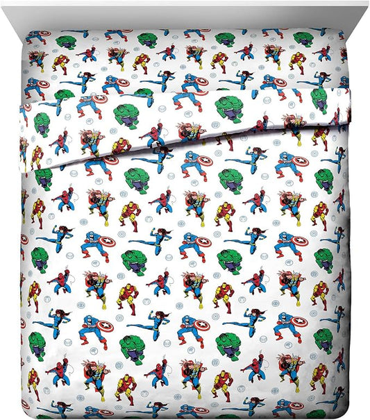 Jay Franco Kids Sheet Set with Fitted, Flat Sheets & Pillow Cover - Ultra-Soft Bedding with Pillowcase for Room Decor, White - Avengers, 4 Piece Queen by JayFranco