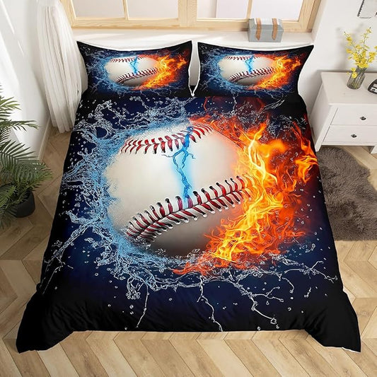 Erosebridal Baseball Duvet Cover Twin Size for Teen Boy Room Decor, Fire and Ice Sports Baseball Comforter Cover Kids Men Modern Sports Theme Bedding Set (1 Duvet Cover + 1 Pillow Case), Red and Blue by Erosebridal