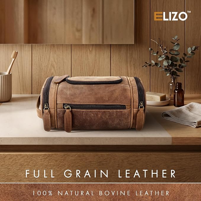 ELIZO Real Leather Toiletry Bag for Men - Small Hanging Travel Organizer for Toiletries, Ideal for Dopp Kit & Shaving Kit for Men, Essential Mens Travel Toiletry Bag for Toiletries (Saddle) - Image 4
