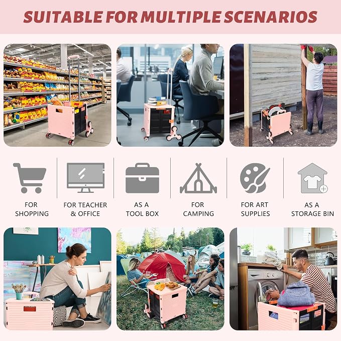 FELICON SELORSS Folding Utility Climber Cart Portable Rolling Crate-Pink | Stair Climbing Wheels+360°Swivel Wheels,Telescoping Handle,Plastic Box Dolly for Travel Shop Move Laundry Office Teacher Use - Image 5