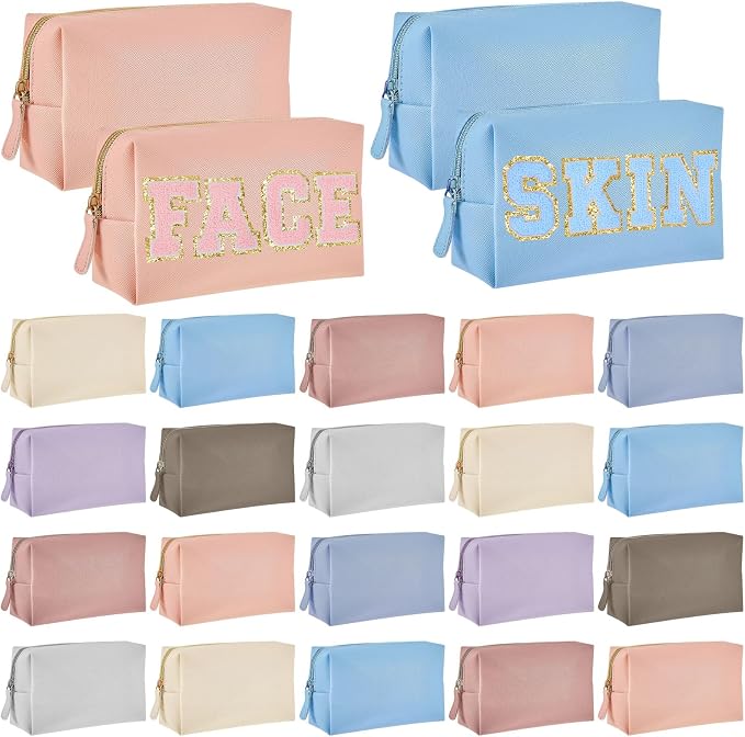 24 Pcs Preppy Makeup Bag PU Leather Cosmetic Bag with Zipper Plain Cosmetic Pouch Waterproof Toiletry Makeup Pouch for Women Bridal Shower Favors Traveling Organizer(Morandi) by Cunno