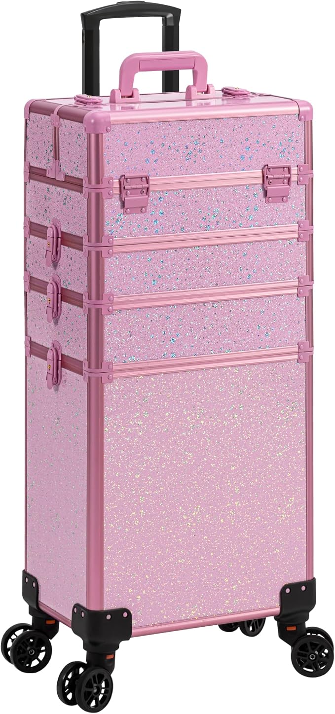 AROUS Rolling Makeup Train Case Large Storage Cosmetic Trolley 5 in 1 Large Capacity Trolley Makeup Travel Case with Key Swivel Wheels Salon Barber Case Traveling Cart Trunk, Pink - Image 8