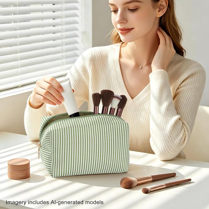 Makeup Bag Set for Women, 6PCS Travel Cosmetic Bags Pencil Case, Striped Seersucker Toiletry Organizer Pouches, Cute Makeup Pouch for Purse, Accessories and Gifts, Green - Image 5