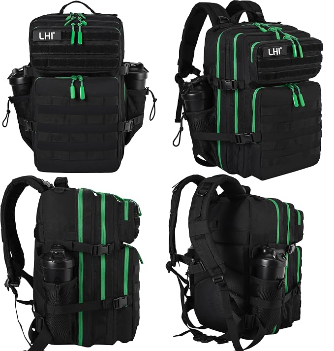 LHI Military Tactical Backpack for Men and Women 45L Army 3 Days Assault Pack Bag Large Rucksack with Molle System - Black with green zipper - Image 2