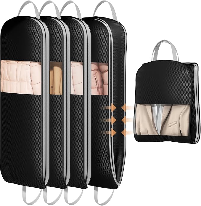 DIMJ 4 Pack 54" Garment Bags for Hanging Clothes - Space Saving Compression Suit Bag Travel with Handles Window, Washable Carry Clothing Storage Cover for Dress, Coats, Down Jacket, Shirts by DiMJ