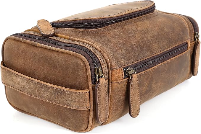 ELIZO Real Leather Toiletry Bag for Men - Large Hanging Travel Organizer for Toiletries, Ideal for Dopp Kit & Shaving Kit for Men, Essential Mens Travel Toiletry Bag for Toiletries (Grizzly) by Elizo