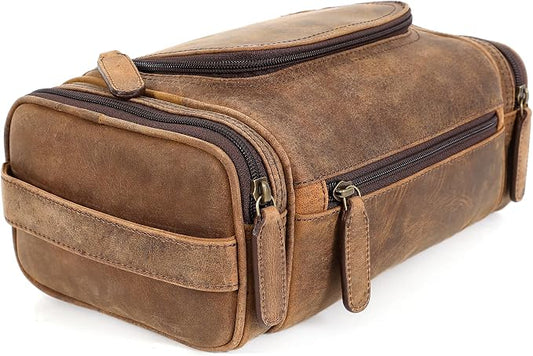 ELIZO Real Leather Toiletry Bag for Men - Large Hanging Travel Organizer for Toiletries, Ideal for Dopp Kit & Shaving Kit for Men, Essential Mens Travel Toiletry Bag for Toiletries (Grizzly) by Elizo