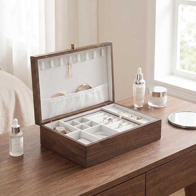 Wooden Jewelry Box for Women, Black Walnut | Jewelry Organizer & Storage, Velvet Lining, Multi-Compartment, Travel Jewelry Case for Ring Necklace Earring - Image 8