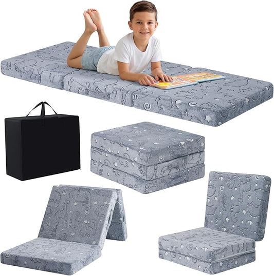 MeMoreCool Glow Dinosaur Kids Foldable Floor Mattress Trifold, 75x25 Inch | Glow dinosaur trifold futon for daycare, playroom, camping and travel rest by MeMoreCool