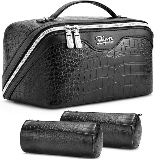 BOYATU Travel Makeup Bag Cosmetic Bags for Women: 3 Pcs Set Large Capacity Make up Bag with Handle - Crocodile Pattern Vegan Leather Toiletry Bags Travel Essentials with Compartments(E-1-Black) by BOYATU
